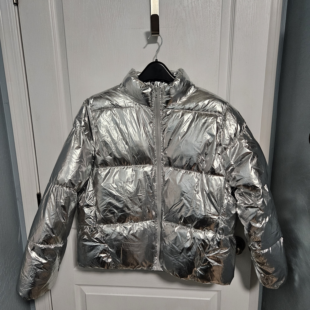 Forever 21 Metallic Puffer Jacket Quilted Silver Modern Futuristic Women Plus 1X